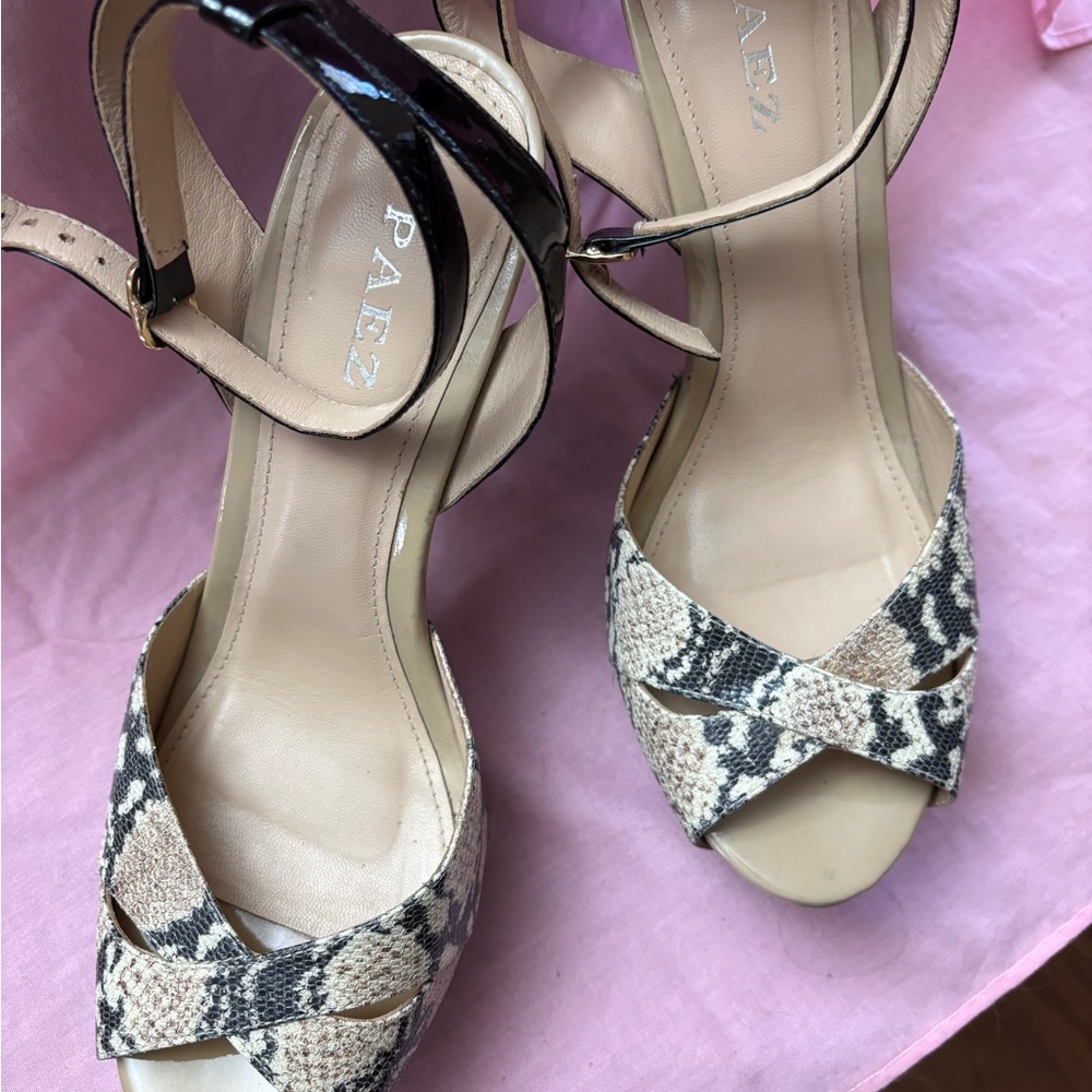 Black and Tan Ankle-Strap Heels with Snakeskin Pattern Bought in Peru